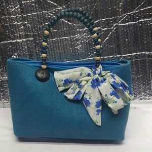 Aqua Blue Purse Floral Ribbon Beaded Handle Beach